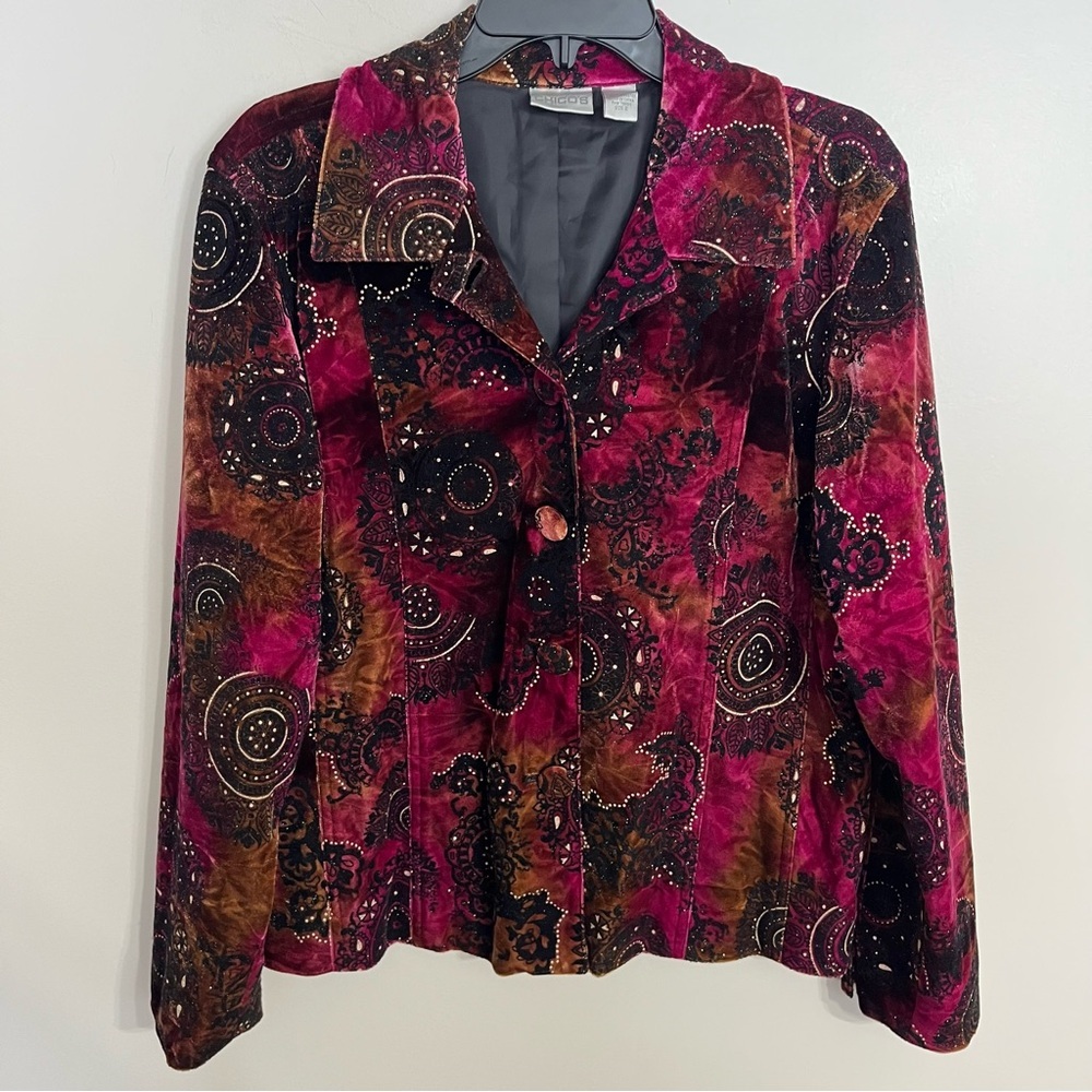 Women's Chico's Velvet‎ Jewel Tones Jacket Blazer Size 2 Retro Wearable Art